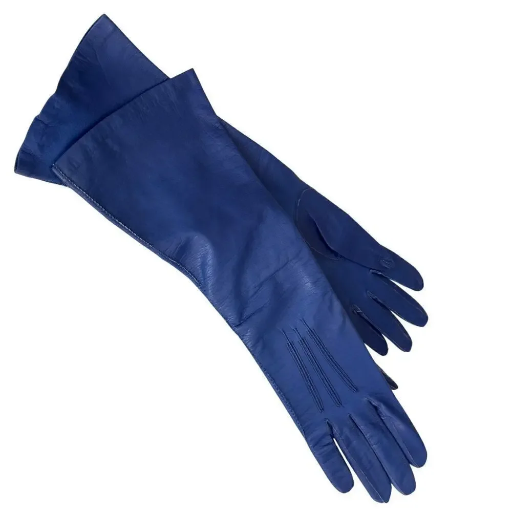 Vintage 13” Elbow Length Blue Kid Leather Women’s French Gloves 1950’s Size 6